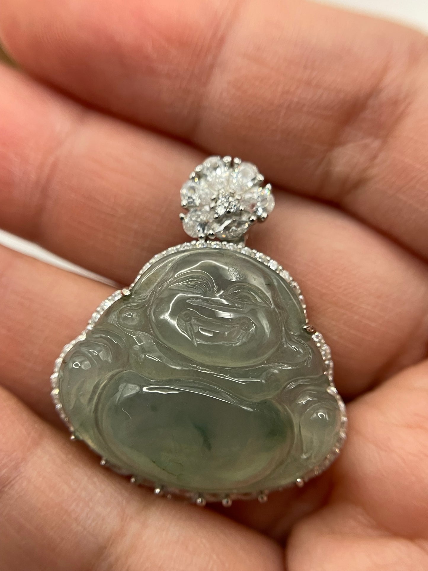 Icy Green jadeite Buddha pendant with Sterling silver bail