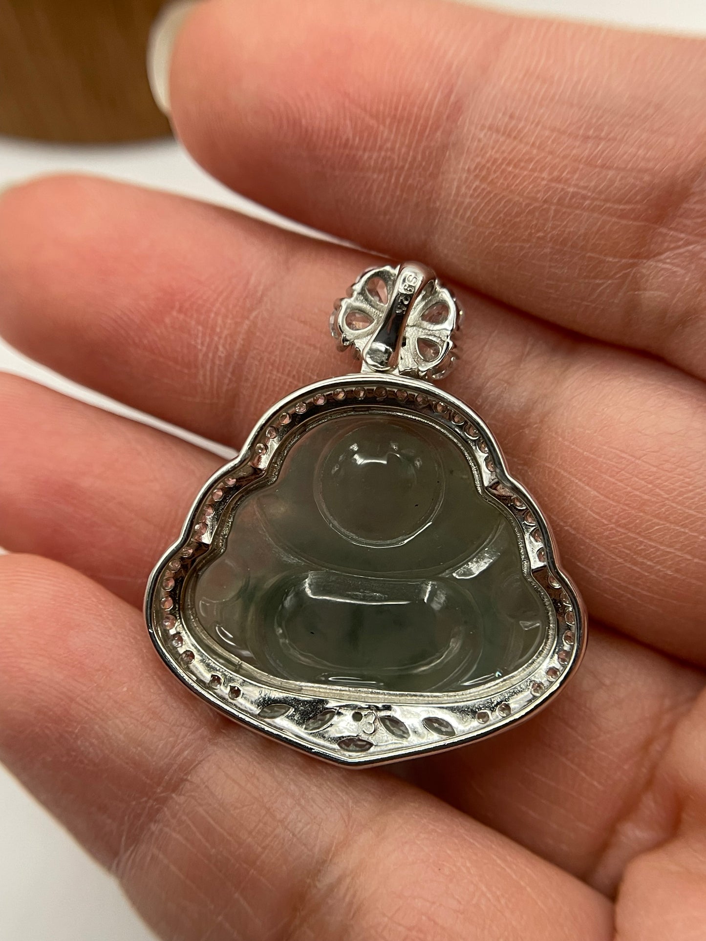 Icy Green jadeite Buddha pendant with Sterling silver bail