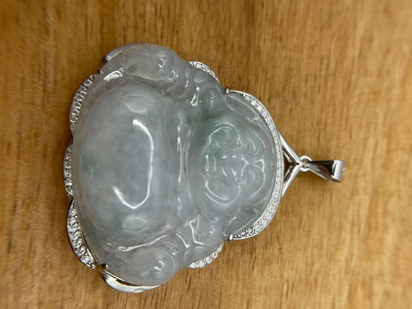 Grade A Natural  green Jadeite Budda pendant Sterling Silver necklace