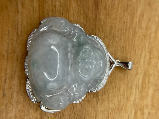 Grade A Natural  green Jadeite Budda pendant Sterling Silver necklace