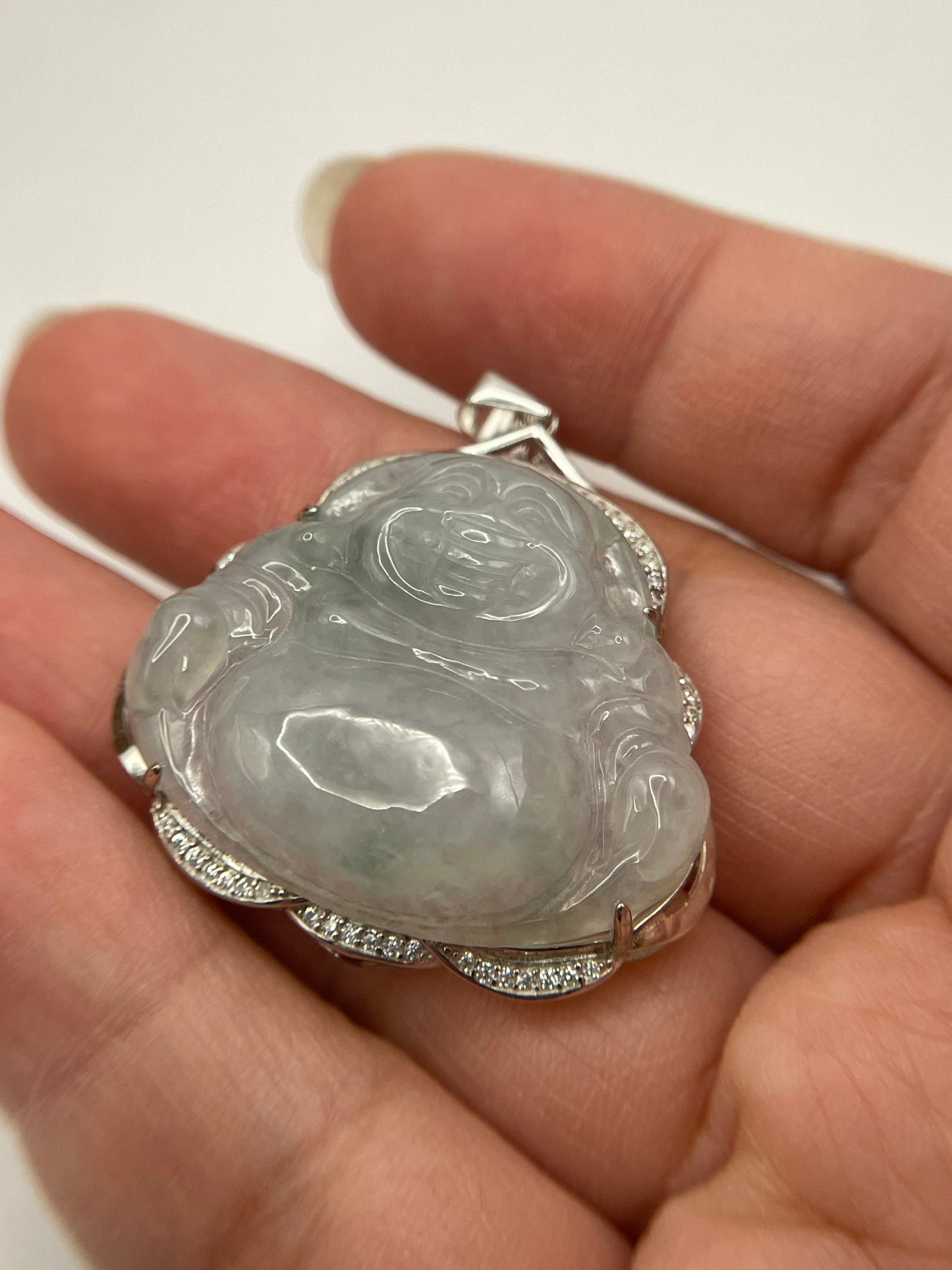 Grade A Natural  green Jadeite Budda pendant Sterling Silver necklace