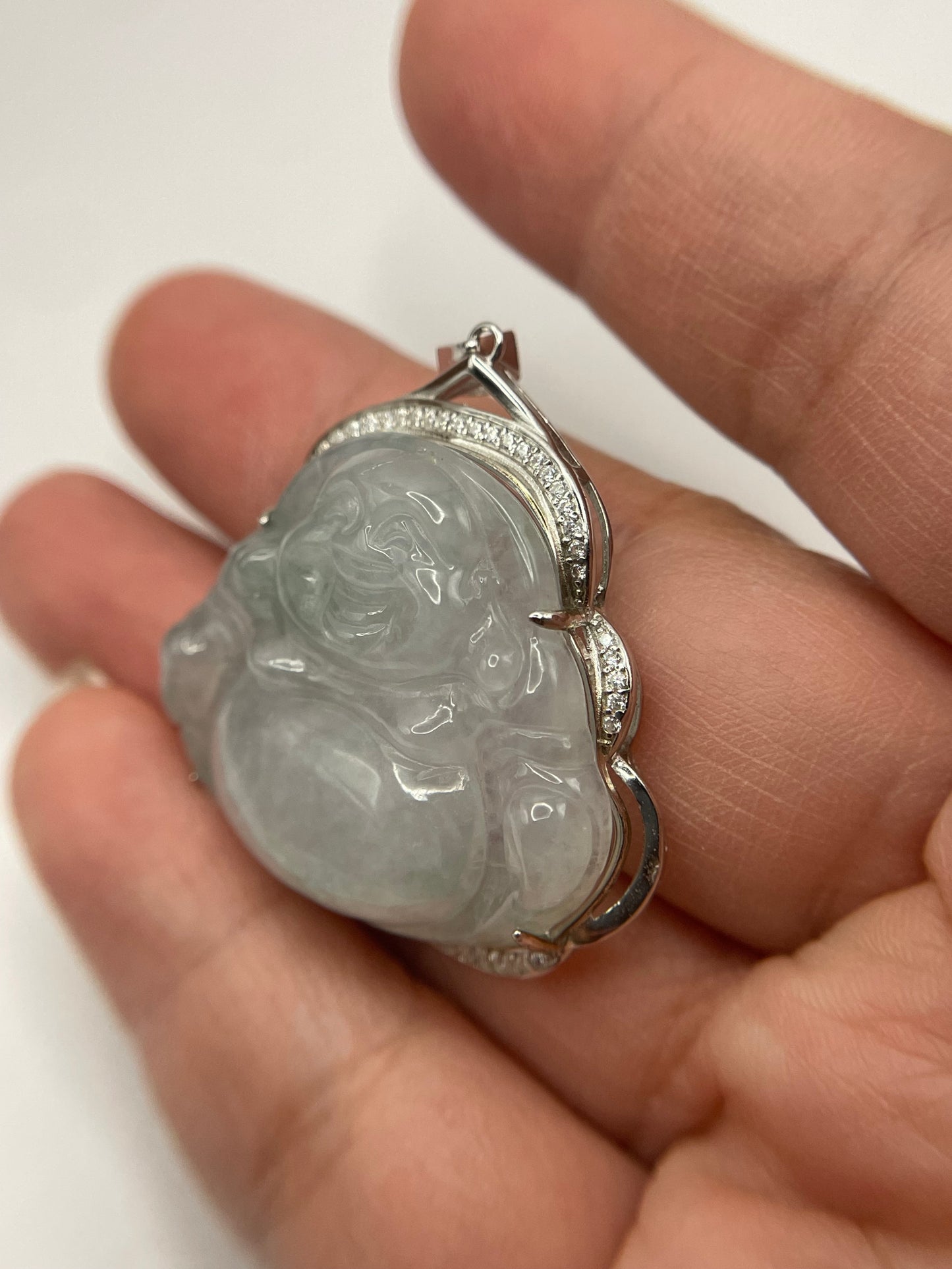 Grade A Natural  green Jadeite Budda pendant Sterling Silver necklace