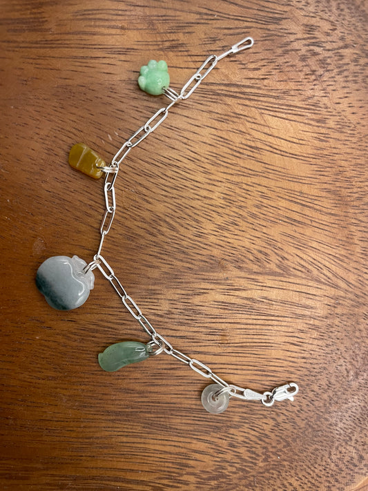 Grade A Natural 5 charms Jadeite silver bracelet