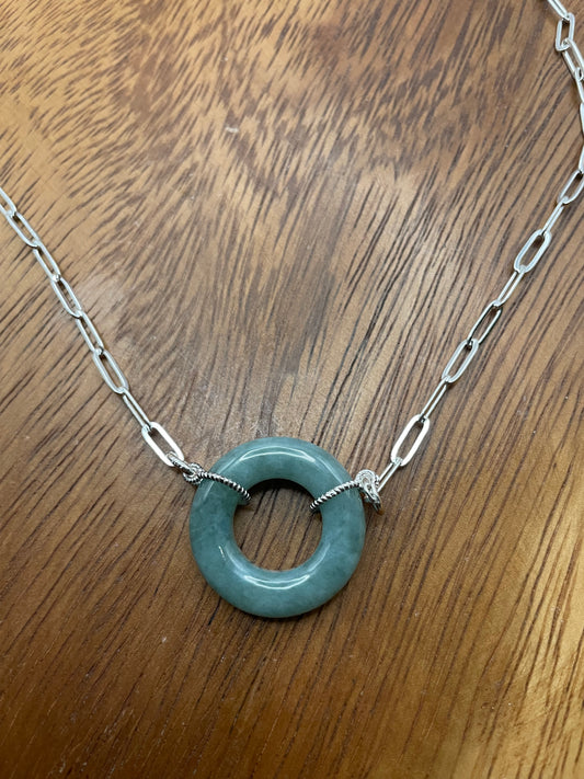 Natural Burma  Green Jadeite Circle  Sterling Silver Necklace