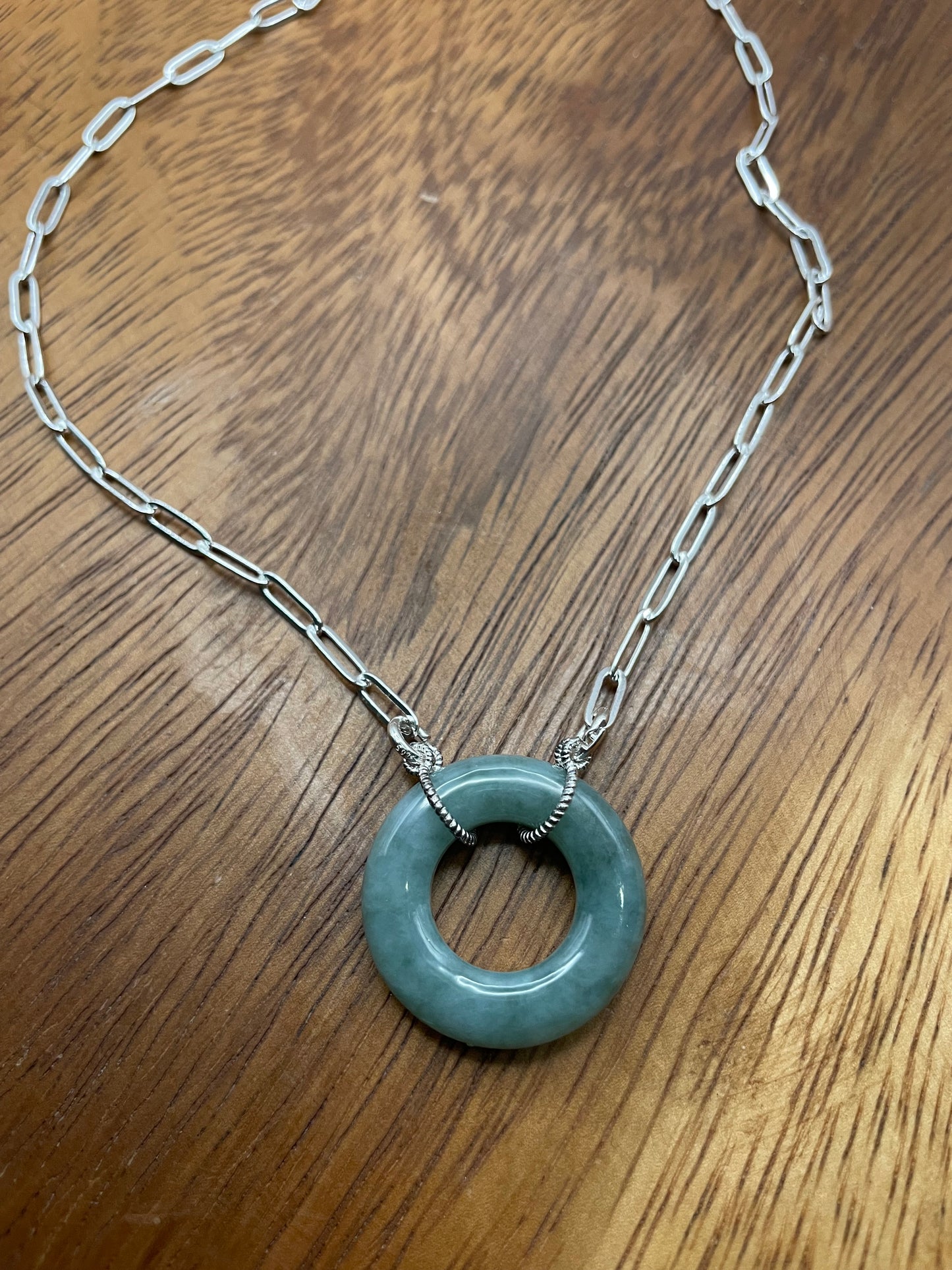 Natural Burma  Green Jadeite Circle  Sterling Silver Necklace