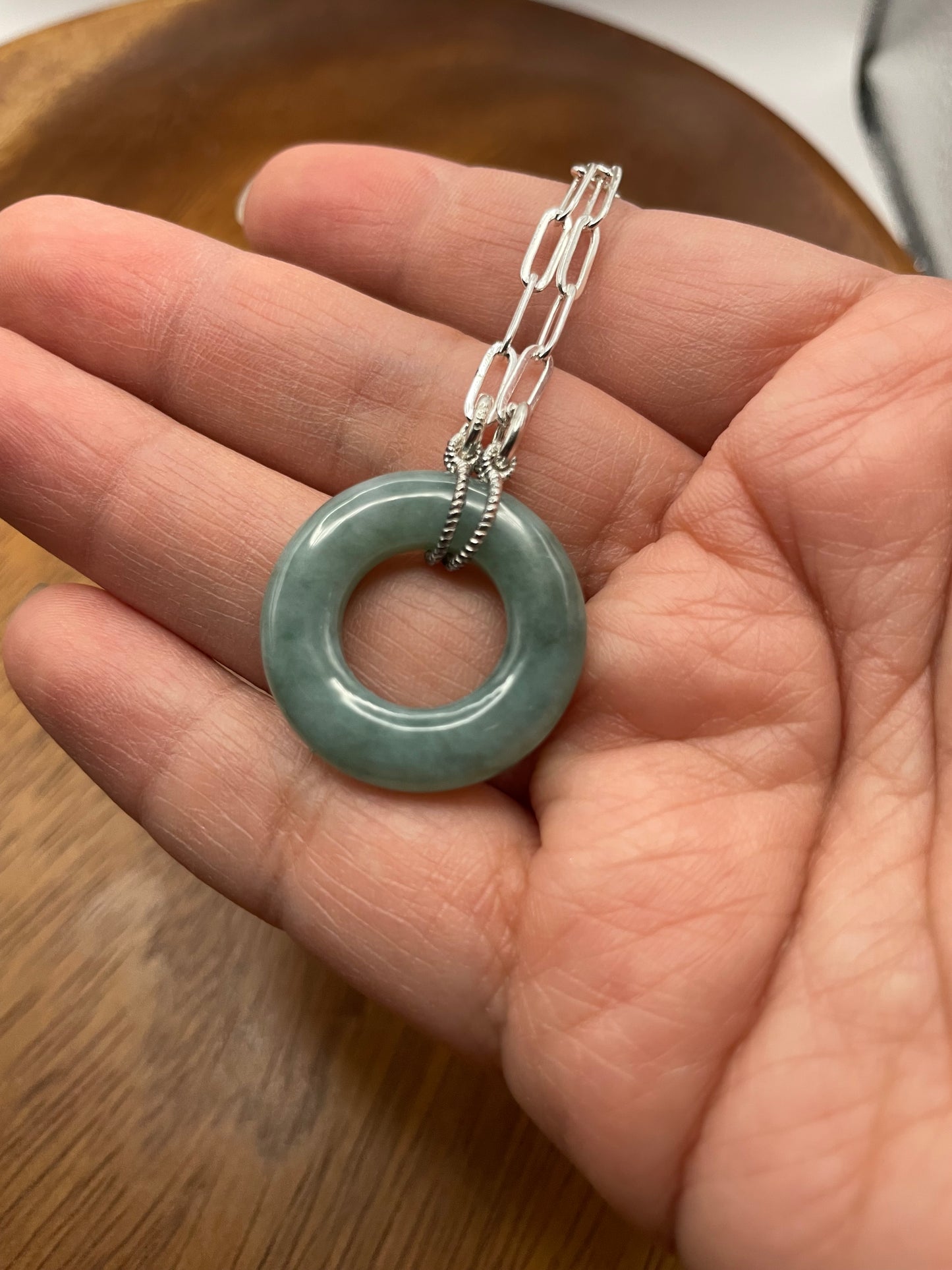 Natural Burma  Green Jadeite Circle  Sterling Silver Necklace