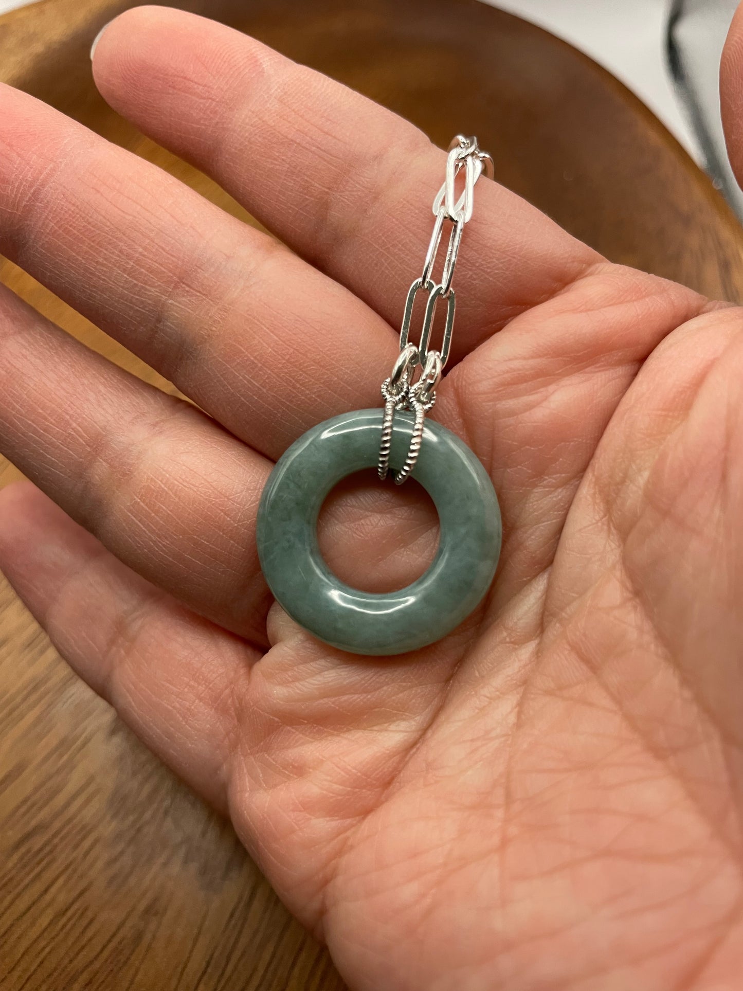Natural Burma  Green Jadeite Circle  Sterling Silver Necklace