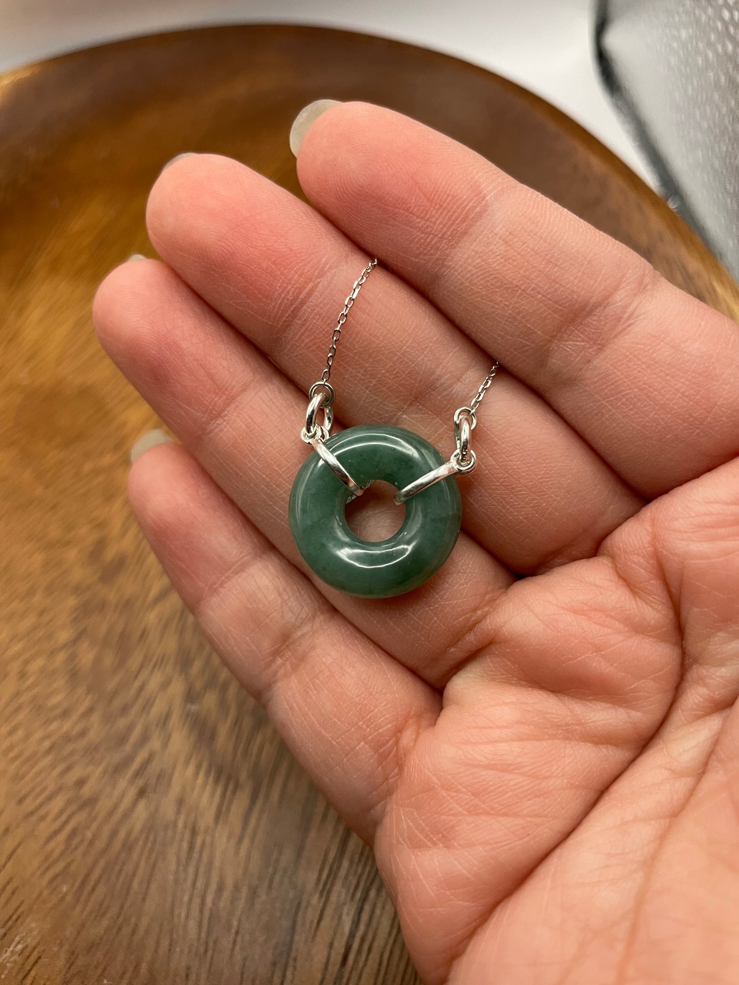 Grade A Burma  Green Jadeite Circle  Sterling  Silver necklace