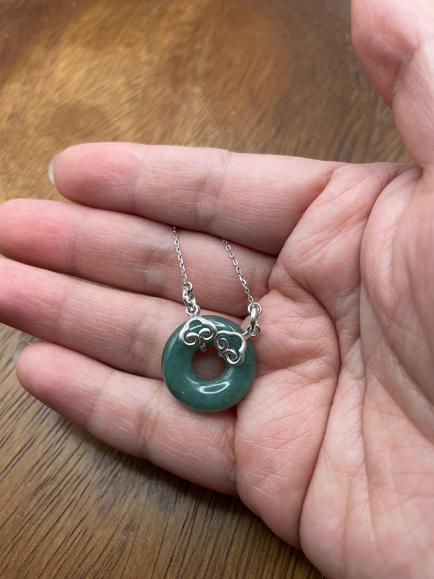 Grade A Burma  Green Jadeite Circle  Sterling  Silver necklace