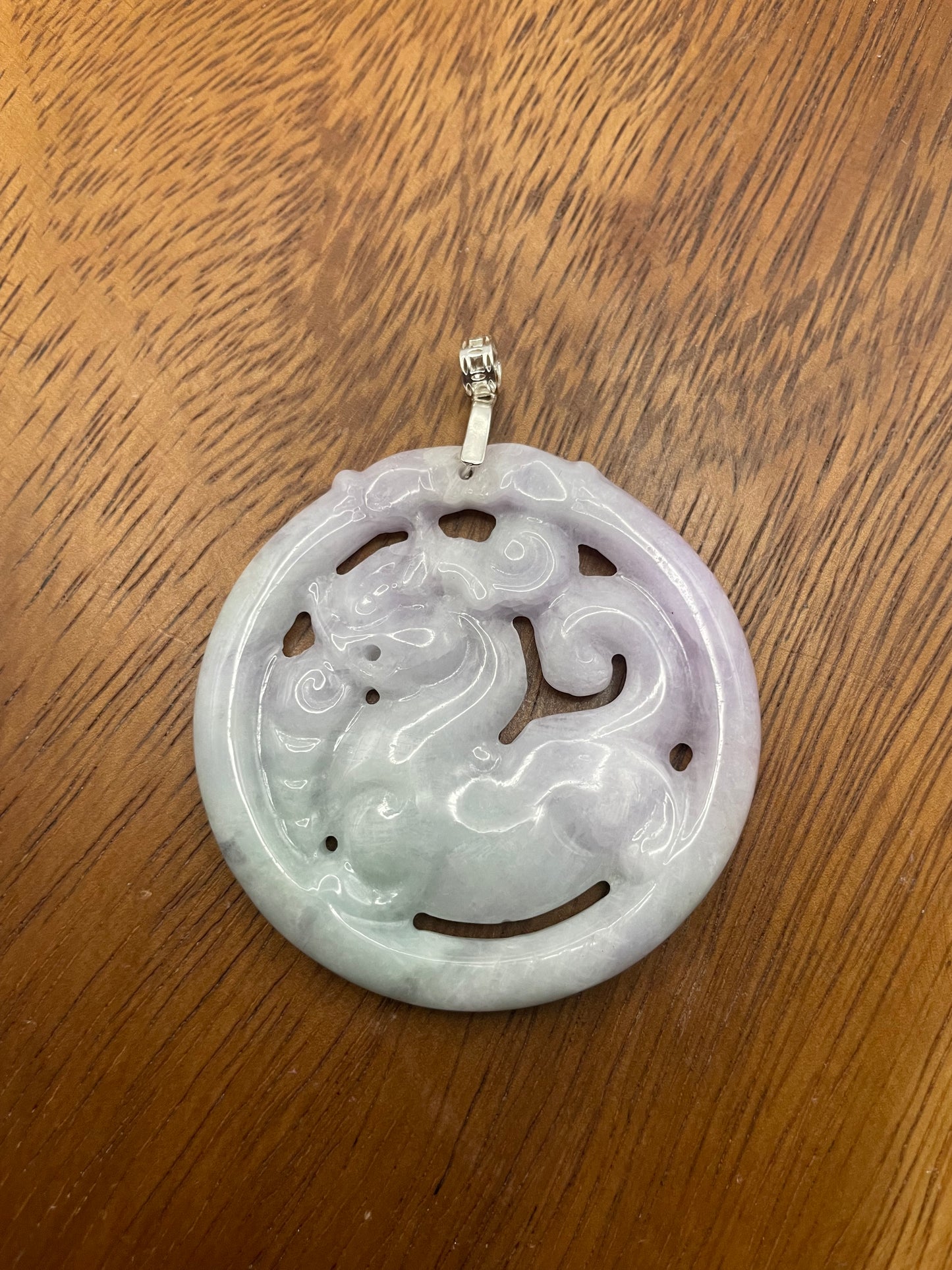 Natural Grade A Burmese Jadeite Lavender, green Ancient Dragon Sterling Silver  Pendant