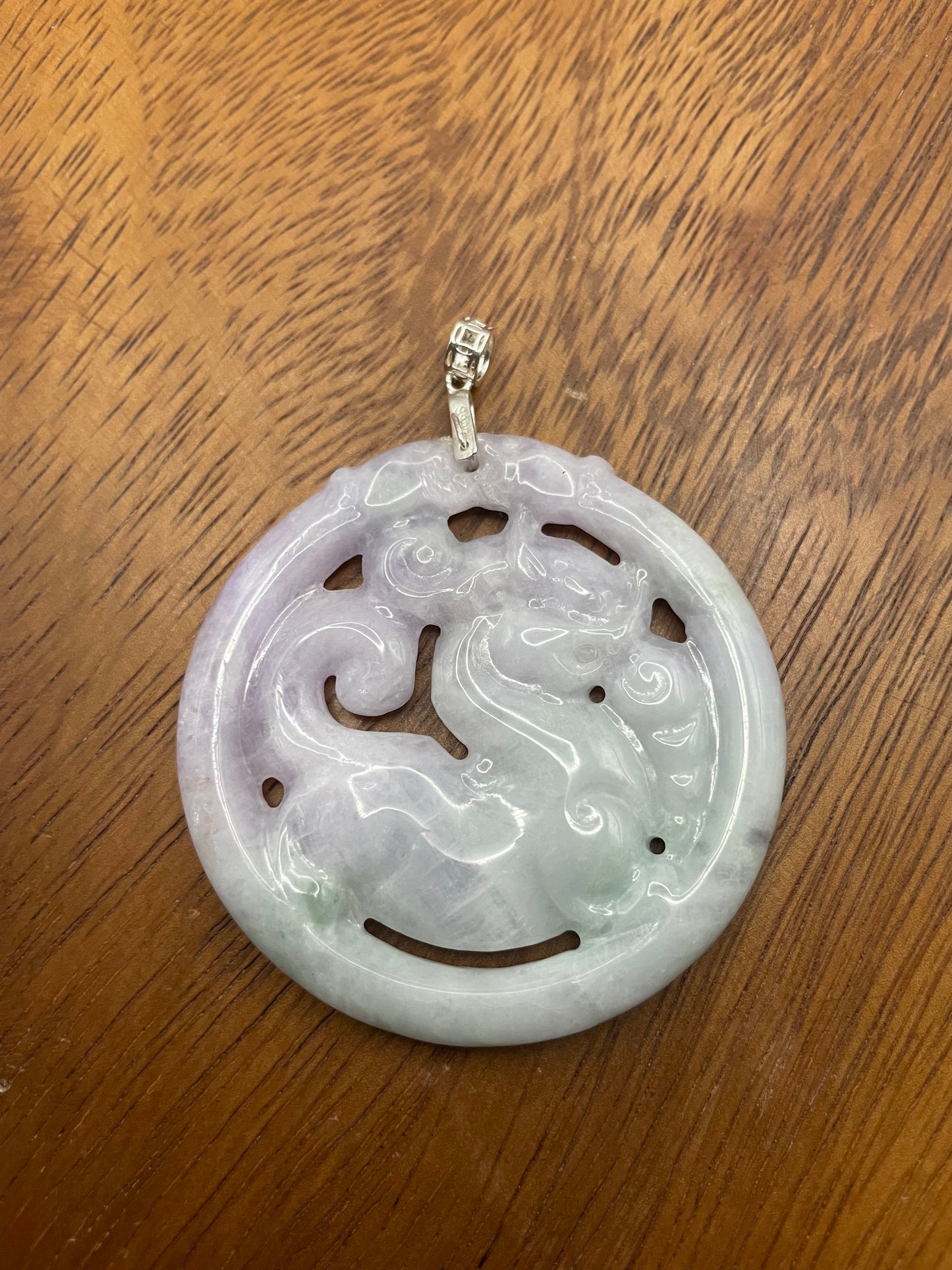 Natural Grade A Burmese Jadeite Lavender, green Ancient Dragon Sterling Silver  Pendant