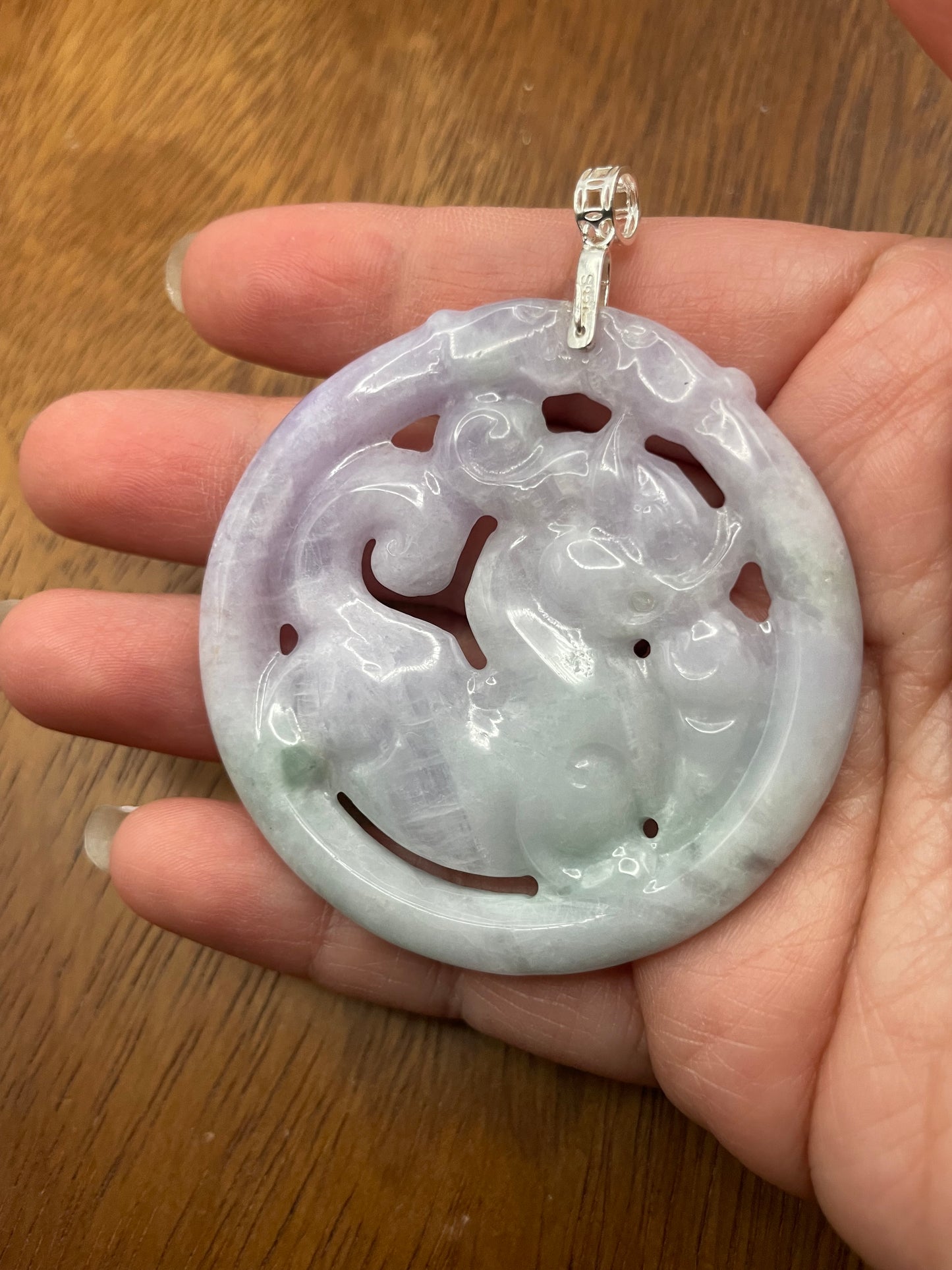 Natural Grade A Burmese Jadeite Lavender, green Ancient Dragon Sterling Silver  Pendant