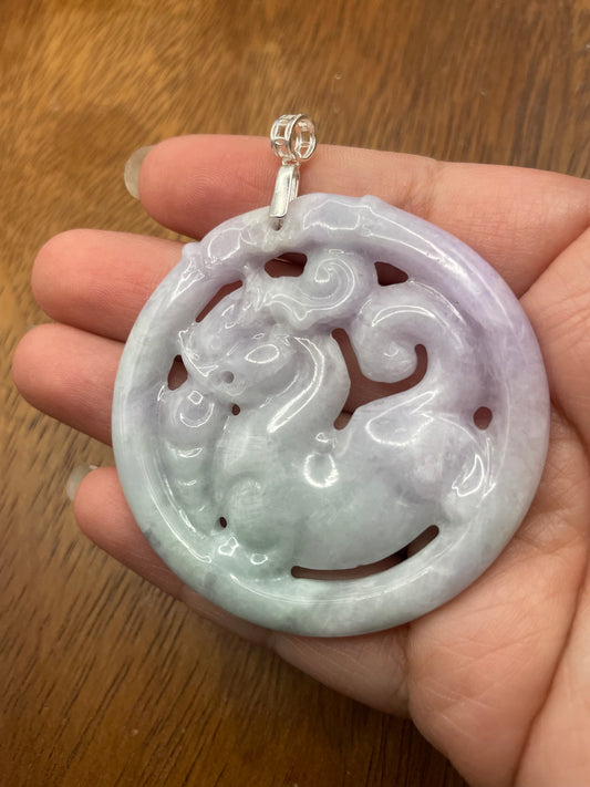 Natural Grade A Burmese Jadeite Lavender, green Ancient Dragon Sterling Silver  Pendant