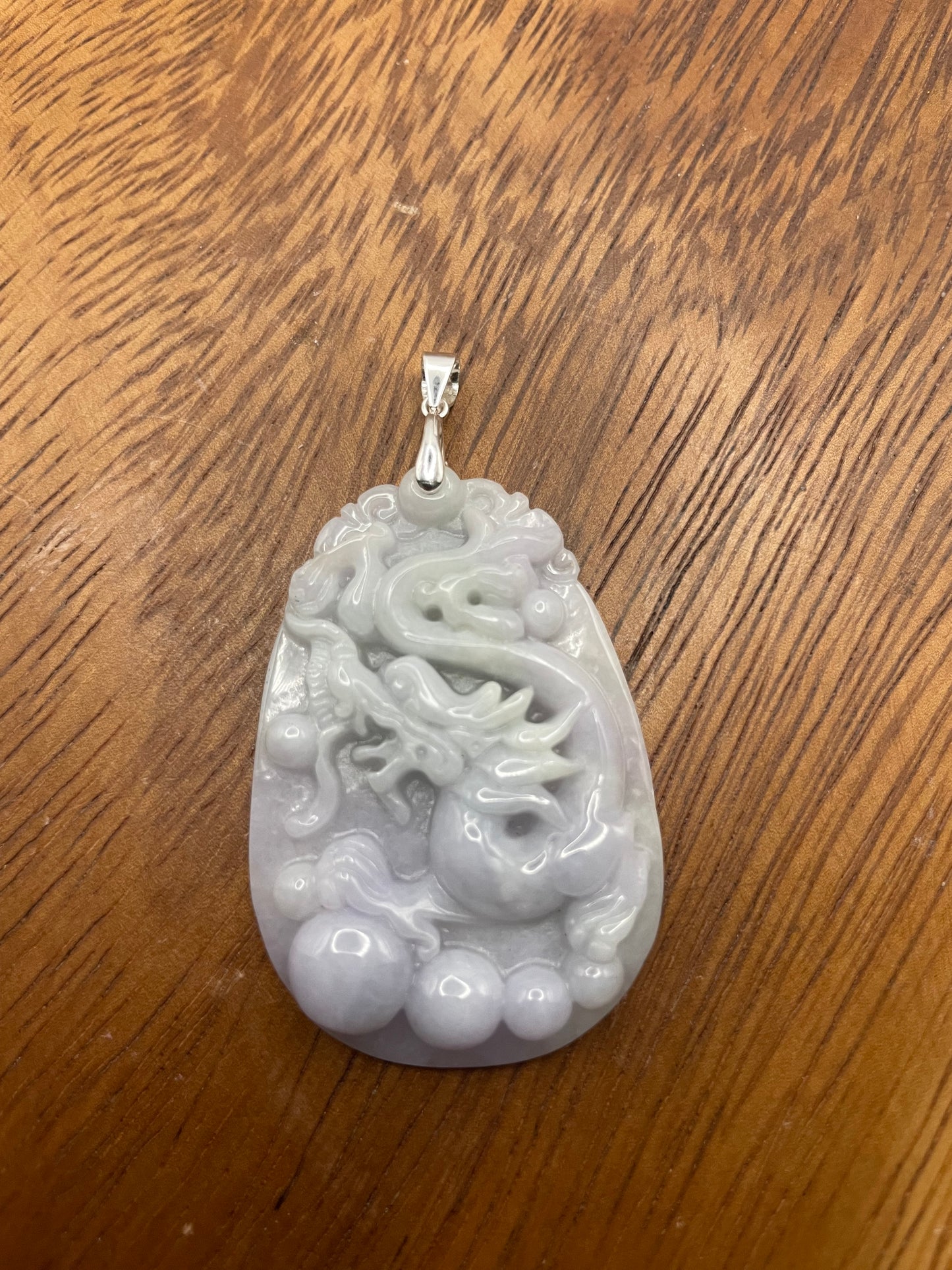Grade A Natural Burmese Jadeite Lavender, green Ancient Dragon Sterling Silver  Necklace