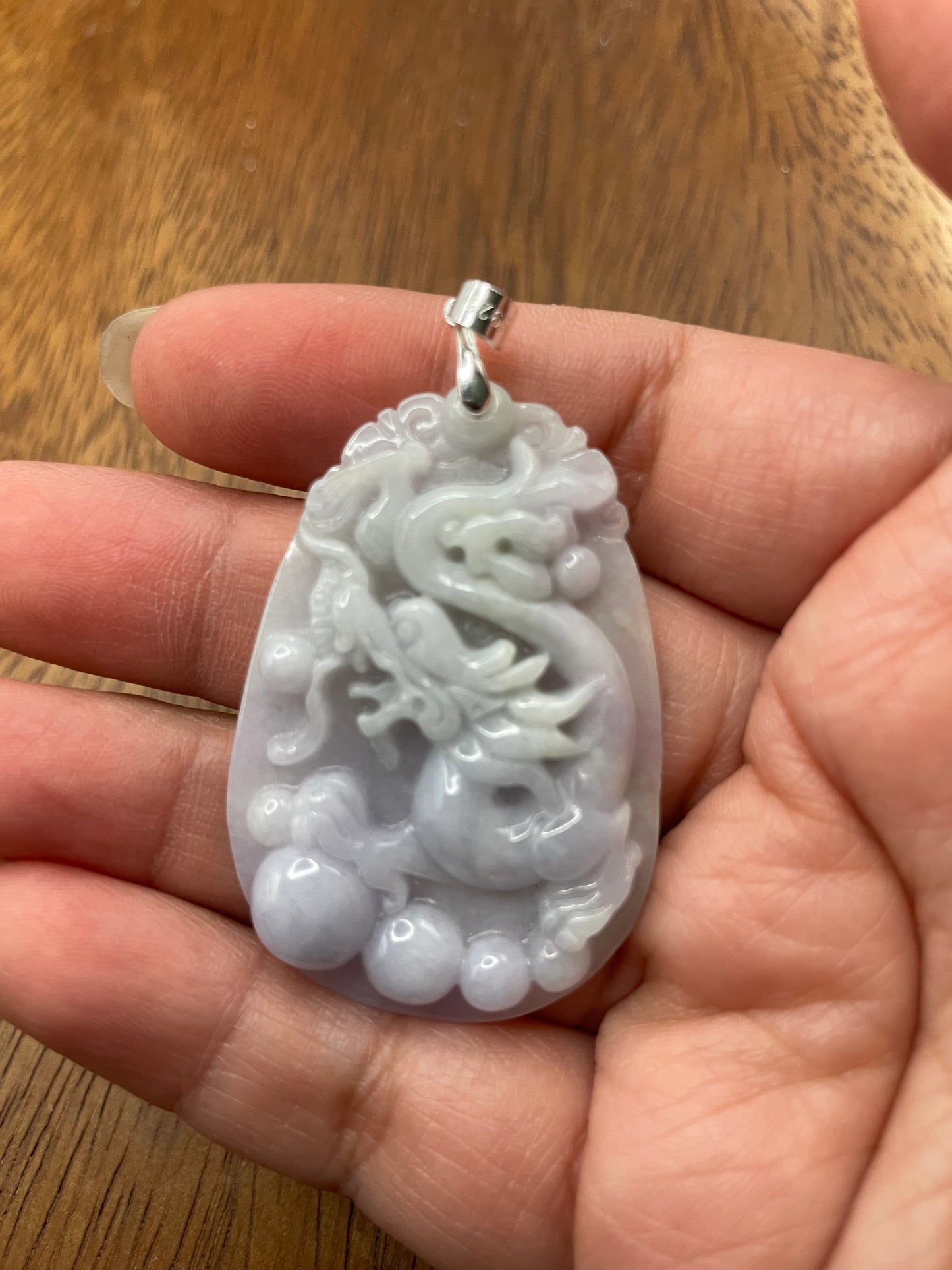 Grade A Natural Burmese Jadeite Lavender, green Ancient Dragon Sterling Silver  Necklace