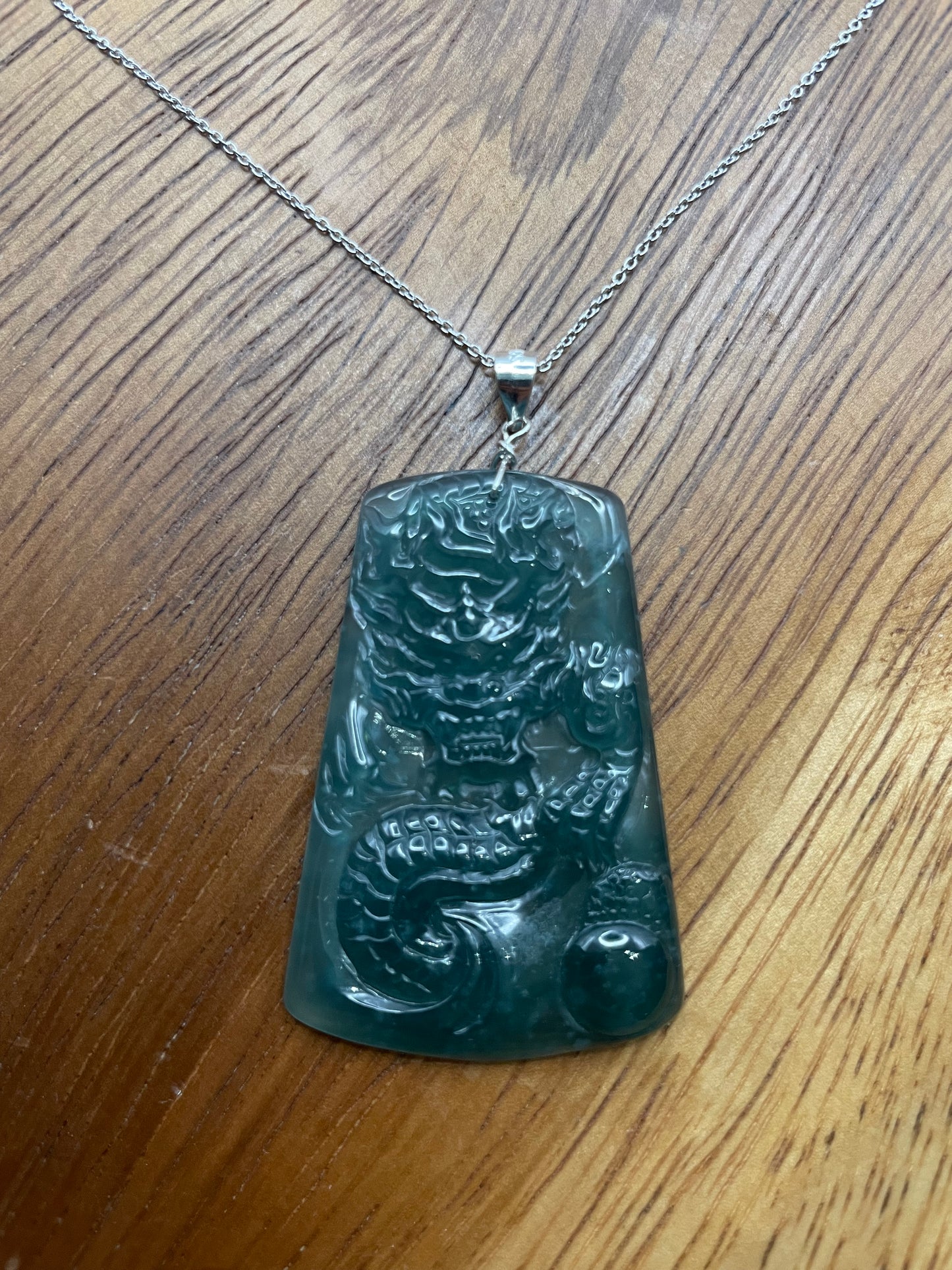 Grade A Natural blue green jadite dragon Sterling Silver Necklace