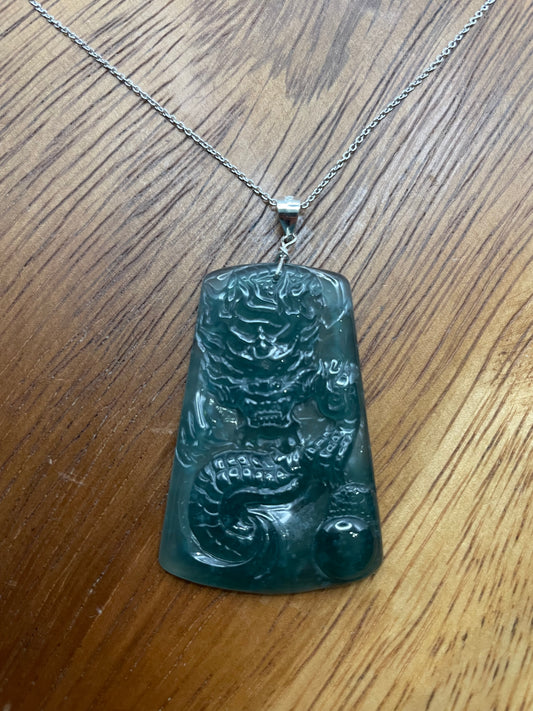 Grade A Natural blue green jadite dragon Sterling Silver Necklace
