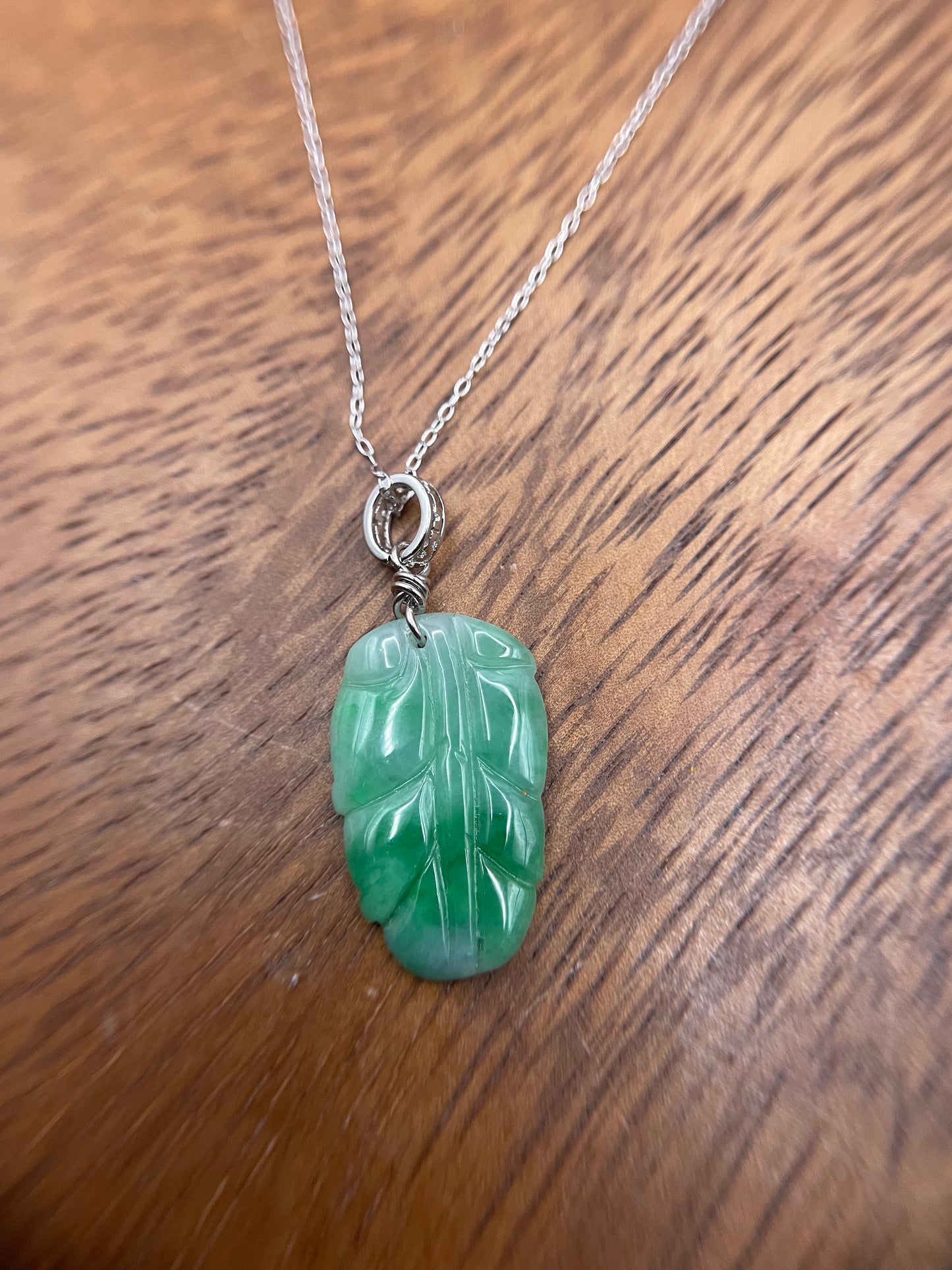 Natural Grade A Burmese Jadeite  Bright Green Leaf Sterling Silver necklace