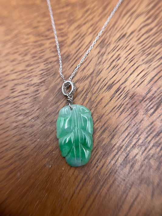 Natural Grade A Burmese Jadeite  Bright Green Leaf Sterling Silver necklace