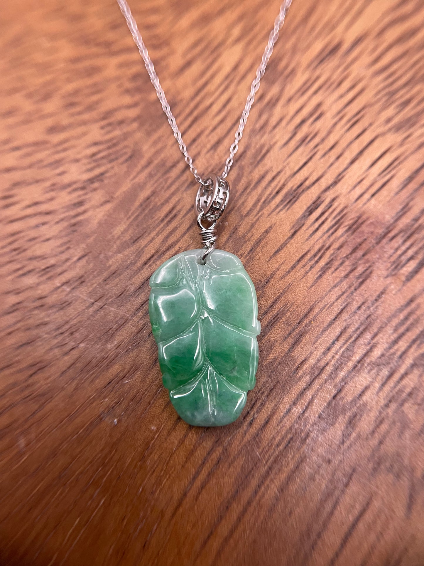 Natural Grade A Burmese Jadeite  Bright Green Leaf Sterling Silver necklace