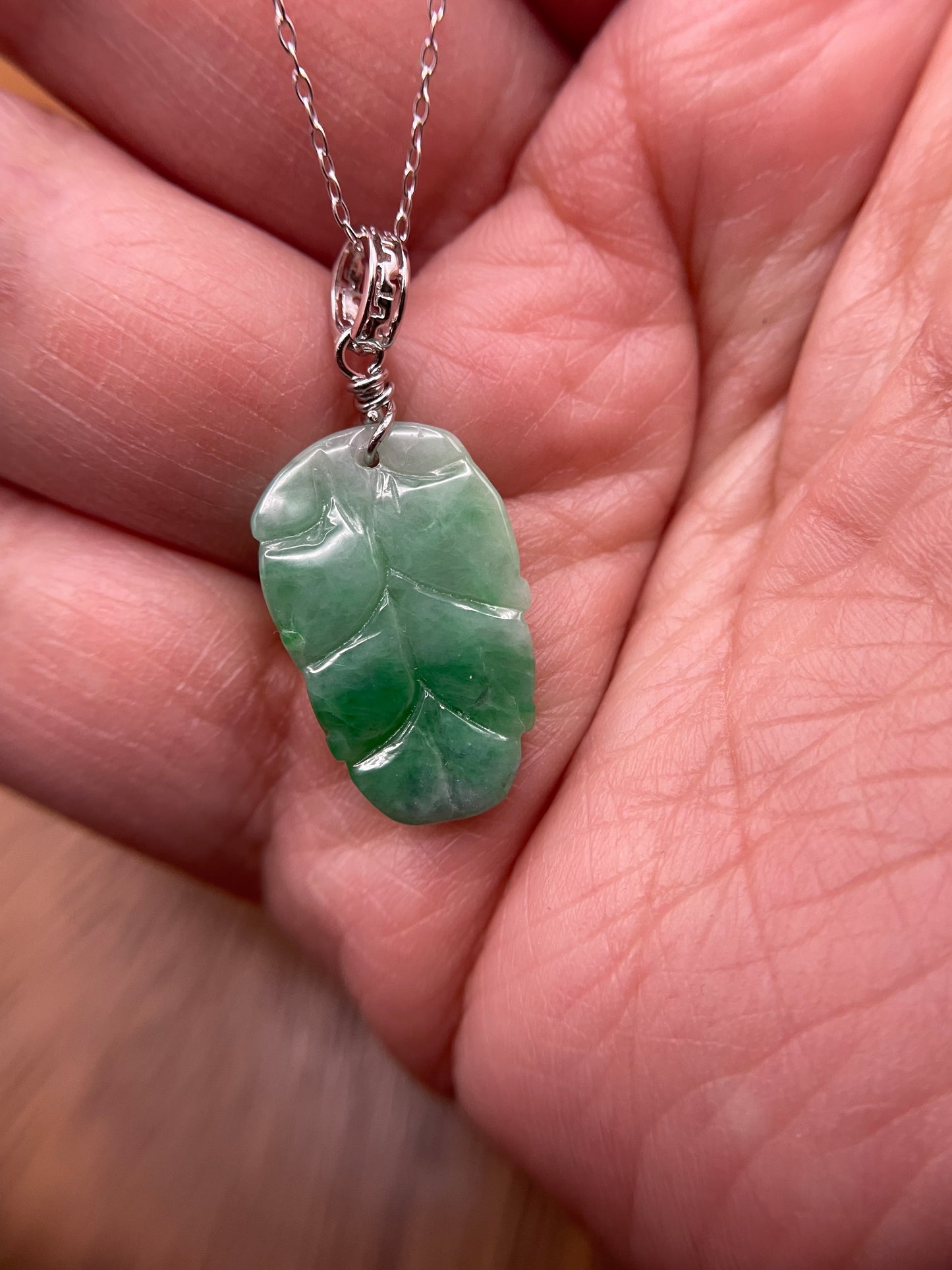 Natural Grade A Burmese Jadeite  Bright Green Leaf Sterling Silver necklace