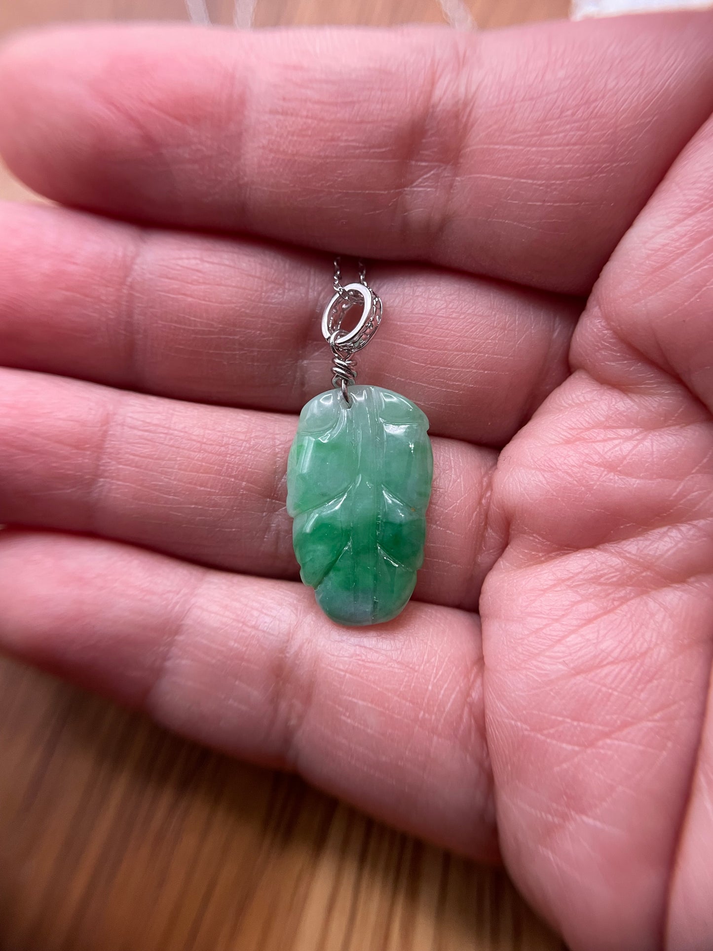 Natural Grade A Burmese Jadeite  Bright Green Leaf Sterling Silver necklace