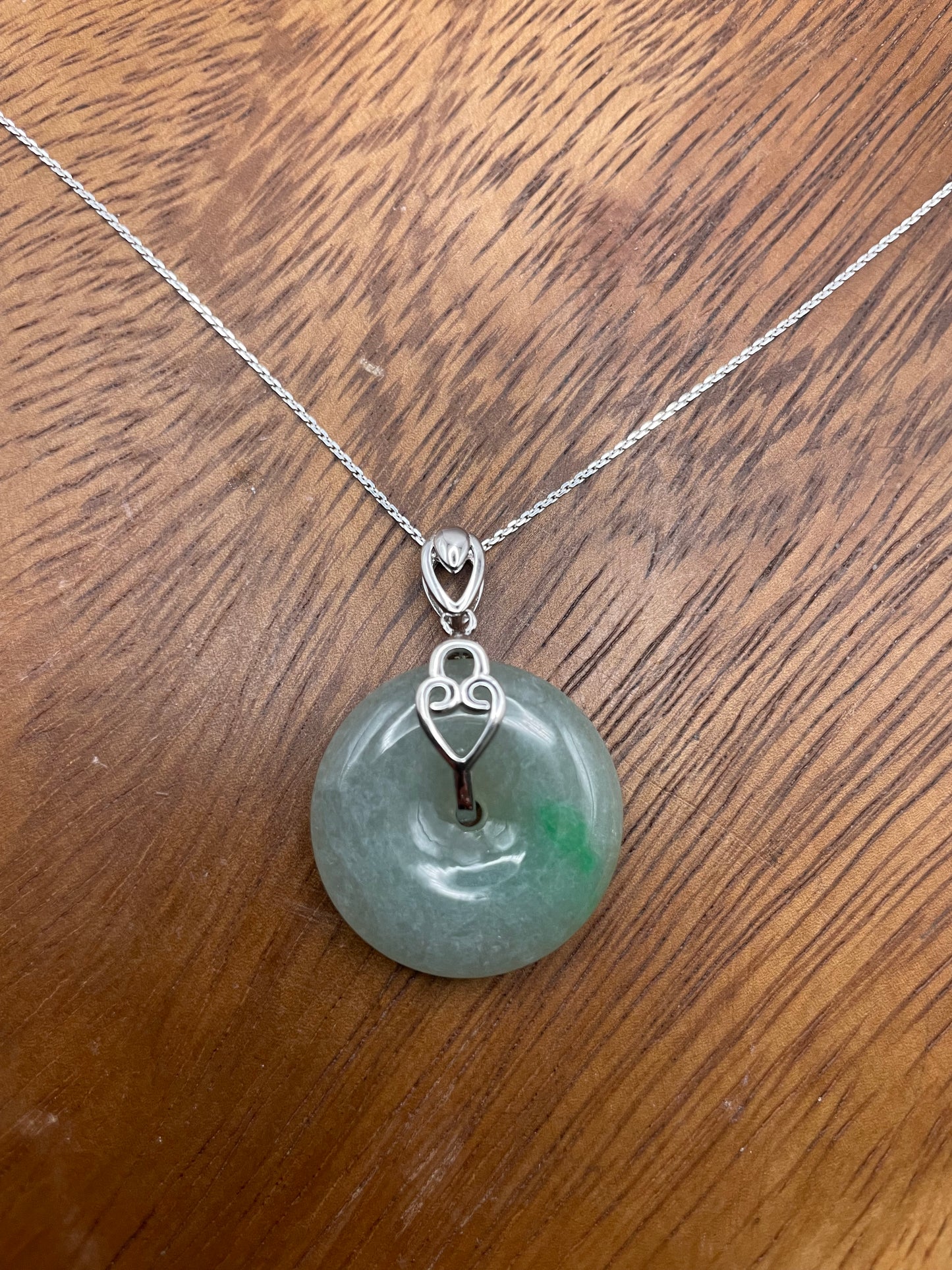 Grade A Natural  Green Jadeite Pi Disc pendant  silver necklace