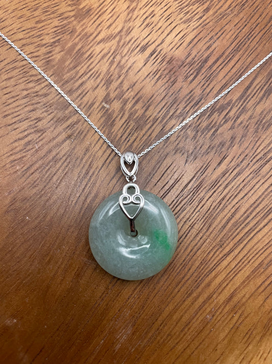 Grade A Natural  Green Jadeite Pi Disc pendant  silver necklace