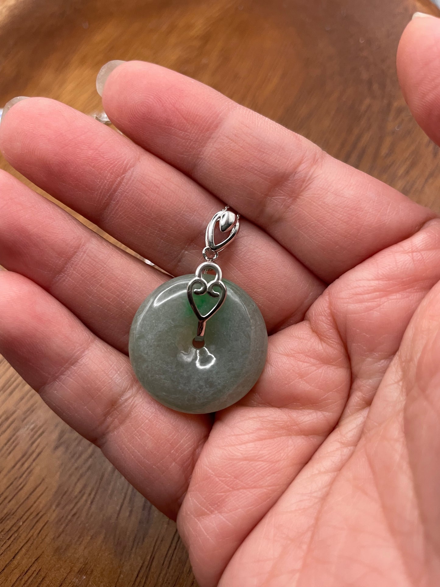 Grade A Natural  Green Jadeite Pi Disc pendant  silver necklace