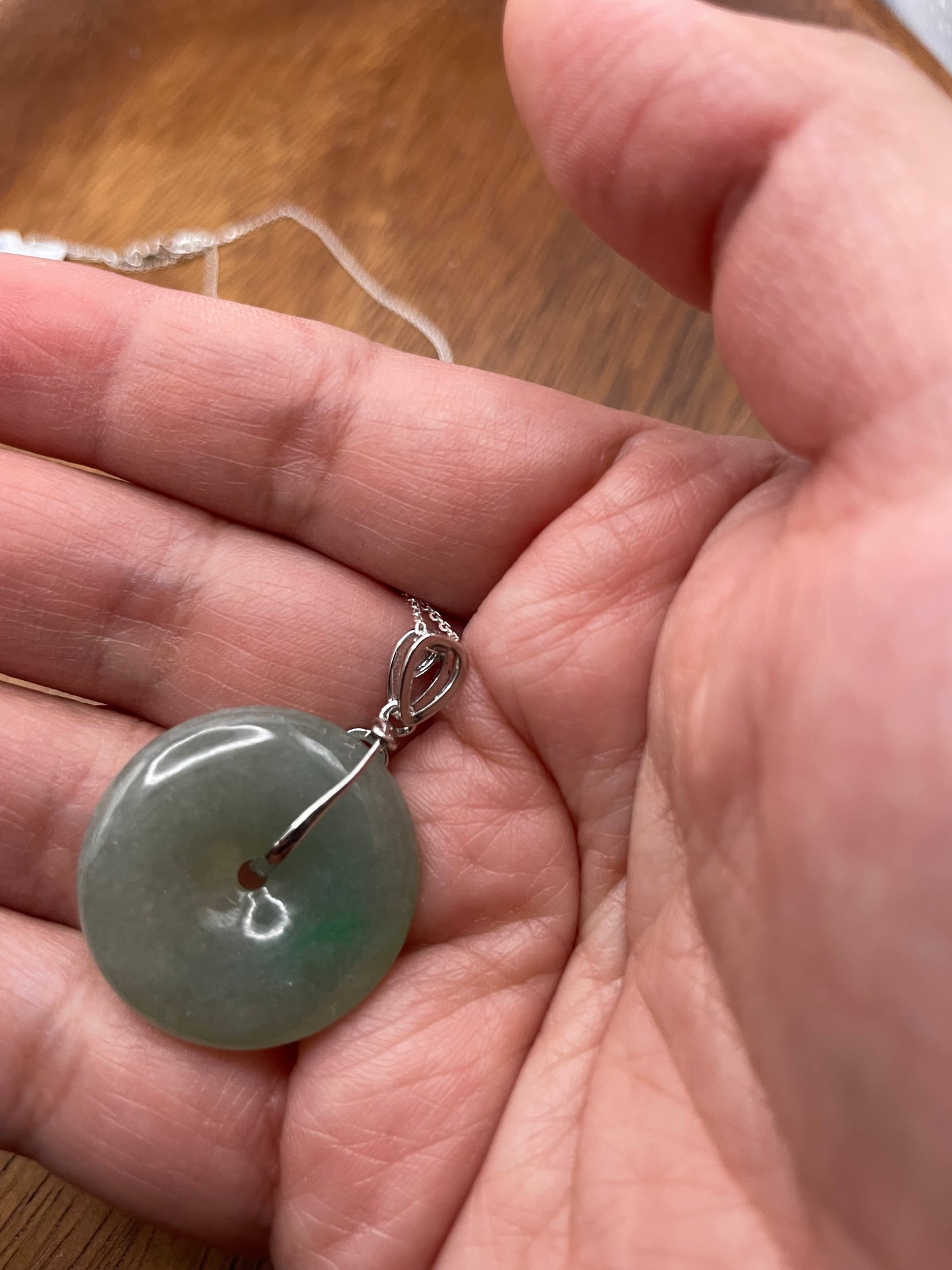 Grade A Natural  Green Jadeite Pi Disc pendant  silver necklace