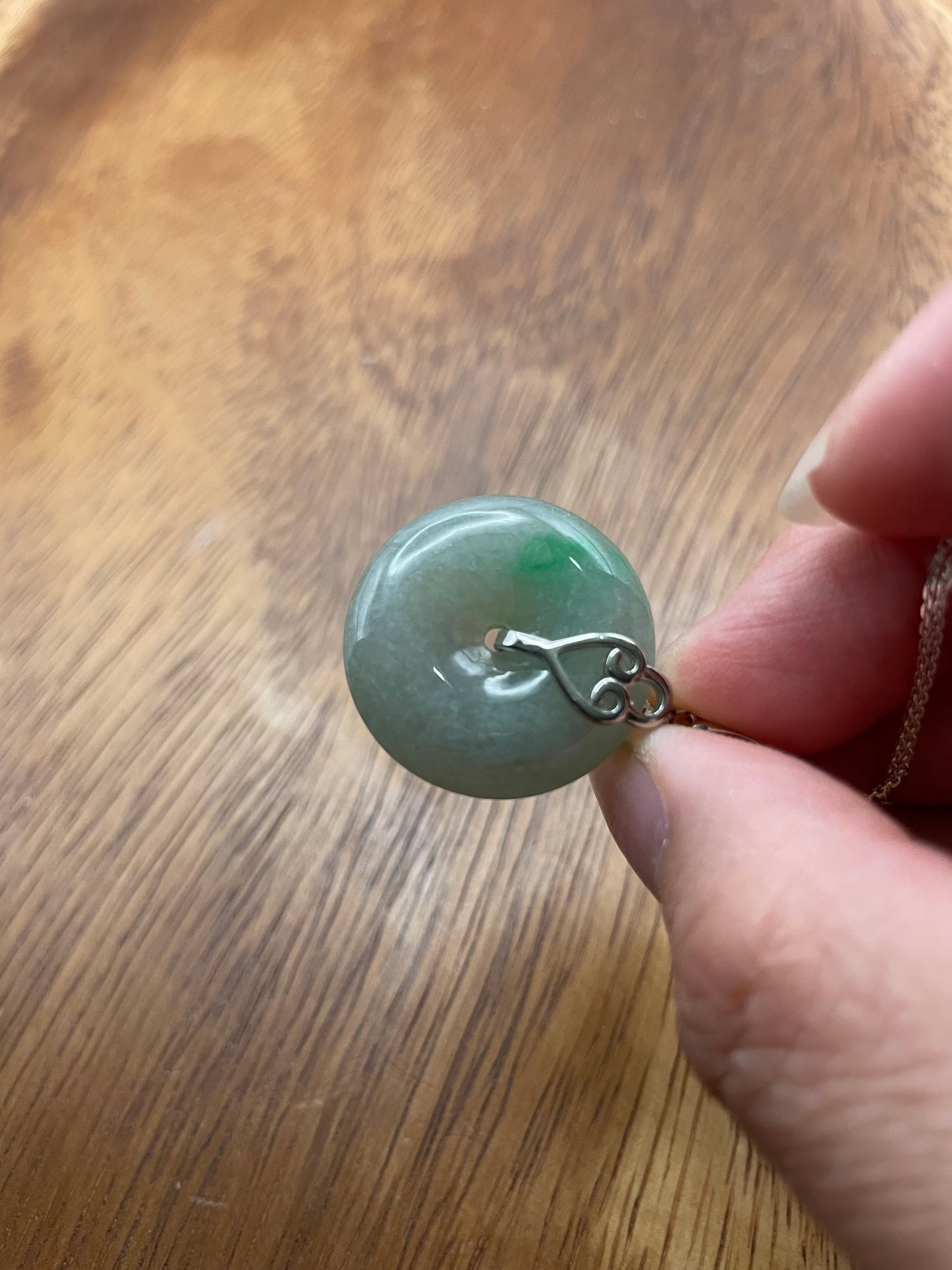 Grade A Natural  Green Jadeite Pi Disc pendant  silver necklace