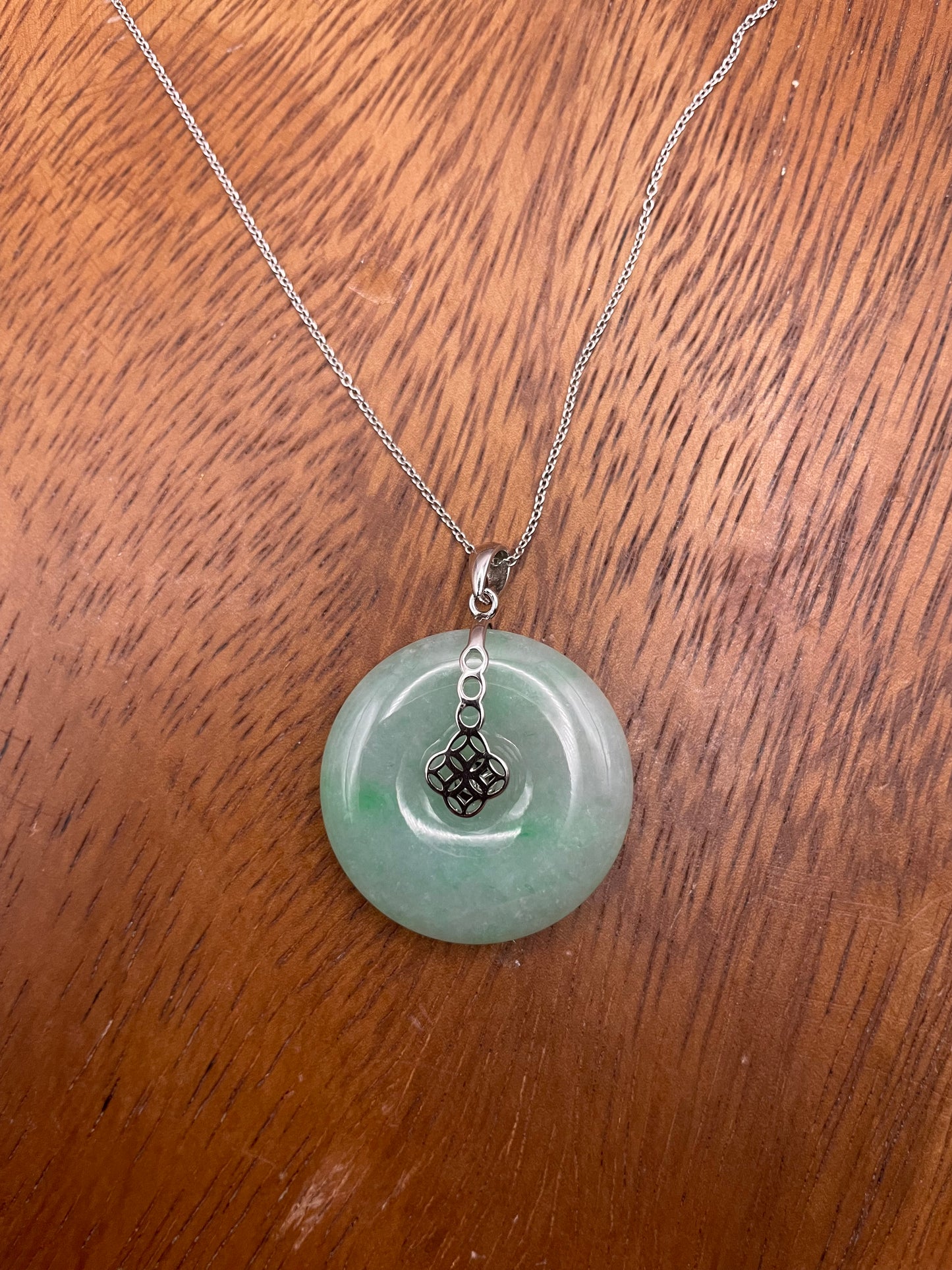 Grade A Natural  Green Jadeite Pi Disc pendant silver necklace