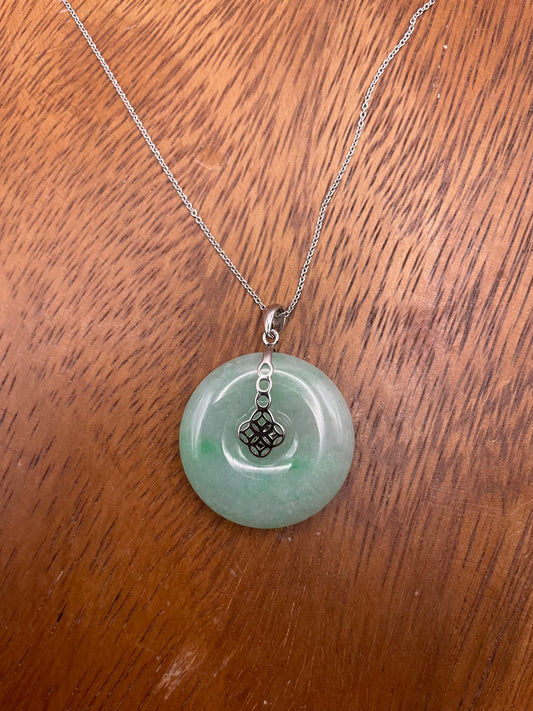 Grade A Natural  Green Jadeite Pi Disc pendant silver necklace
