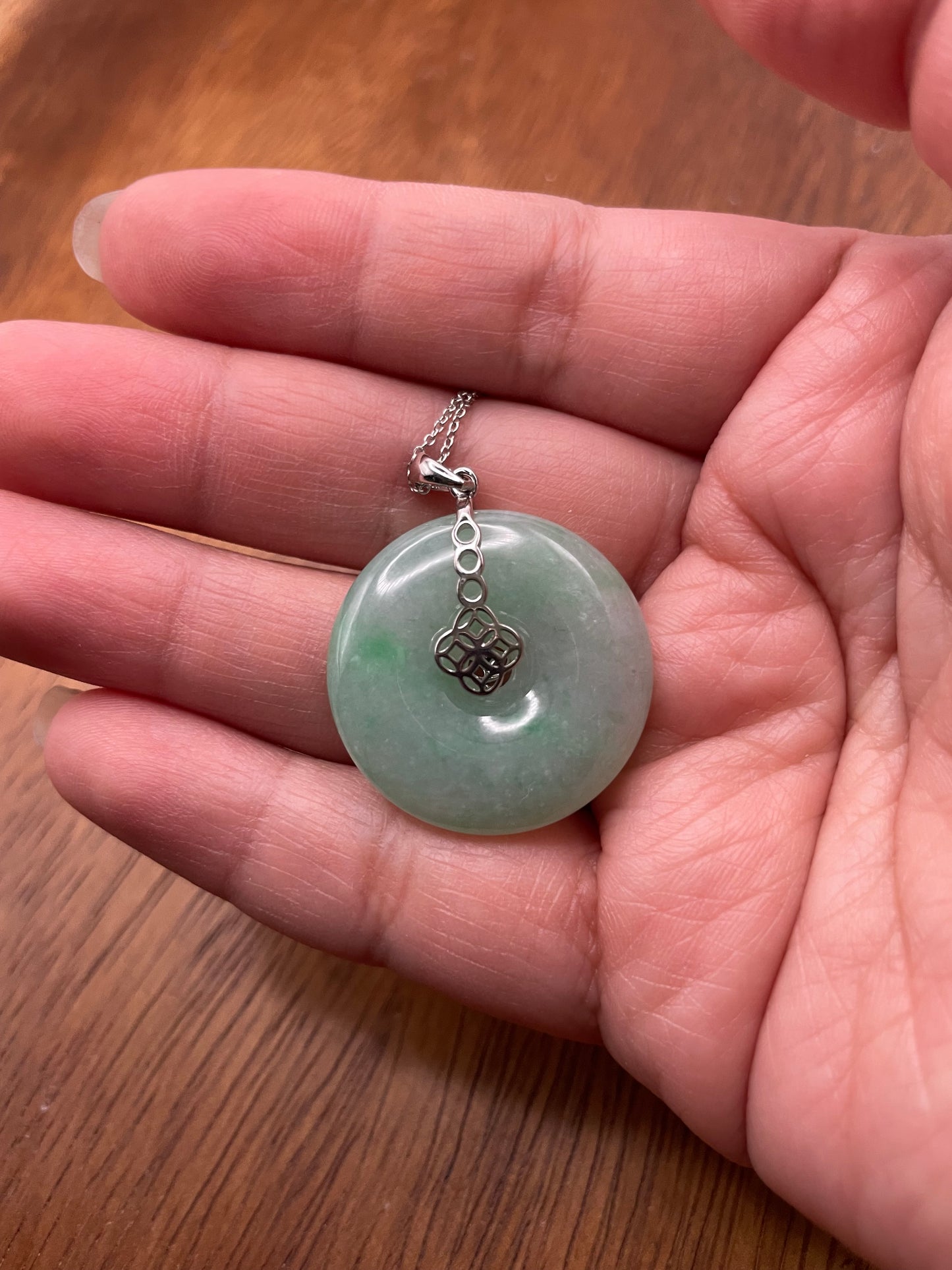 Grade A Natural  Green Jadeite Pi Disc pendant silver necklace