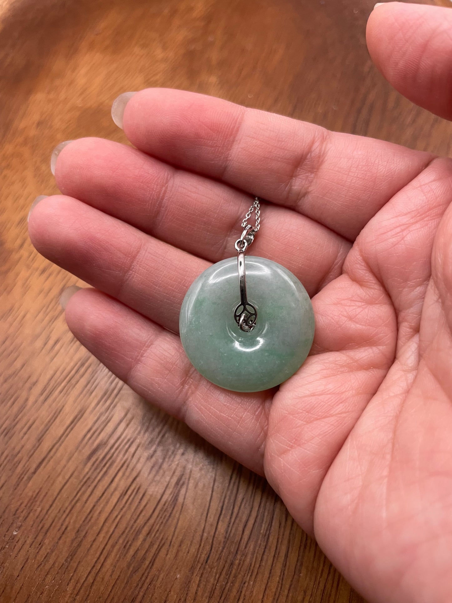 Grade A Natural  Green Jadeite Pi Disc pendant silver necklace