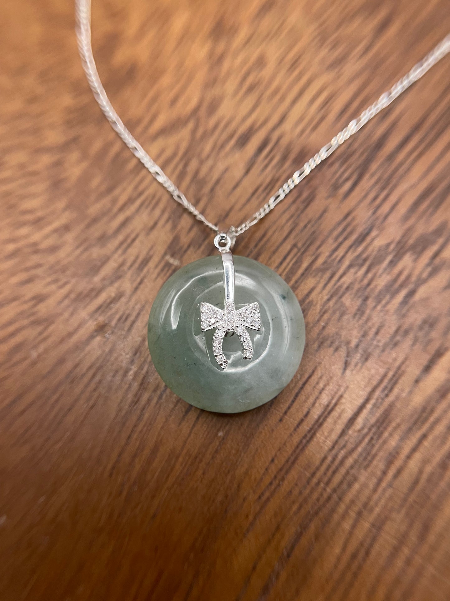 Grade A Natural  green Jadeite Pi Disc pendant Sterling Silver necklace