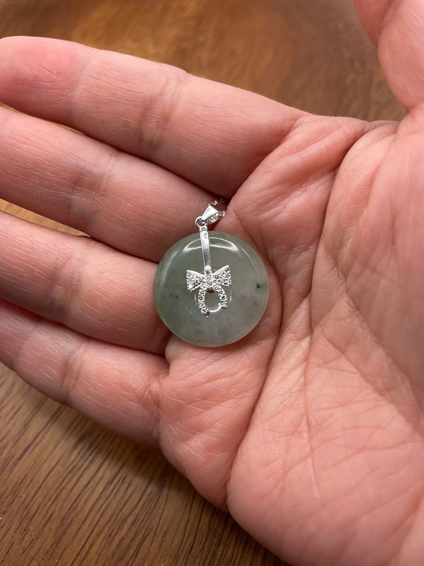 Grade A Natural  green Jadeite Pi Disc pendant Sterling Silver necklace
