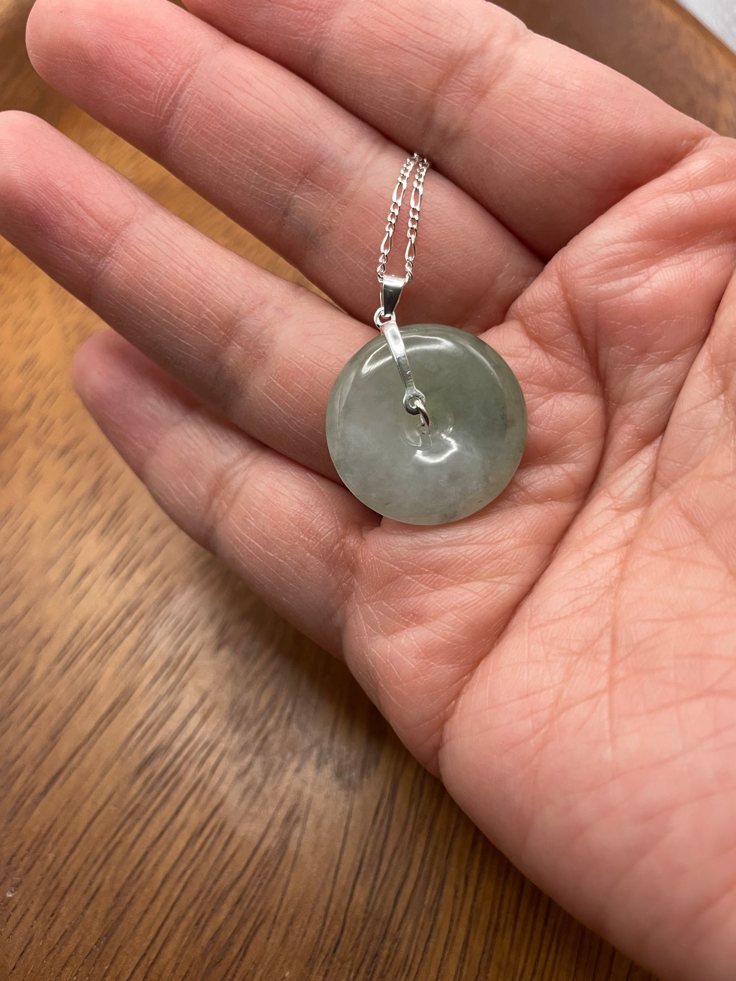 Grade A Natural  green Jadeite Pi Disc pendant Sterling Silver necklace
