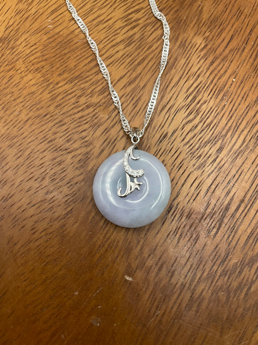 Natural Lavender Jadeite Pi Disc Sterling  Silver Necklace