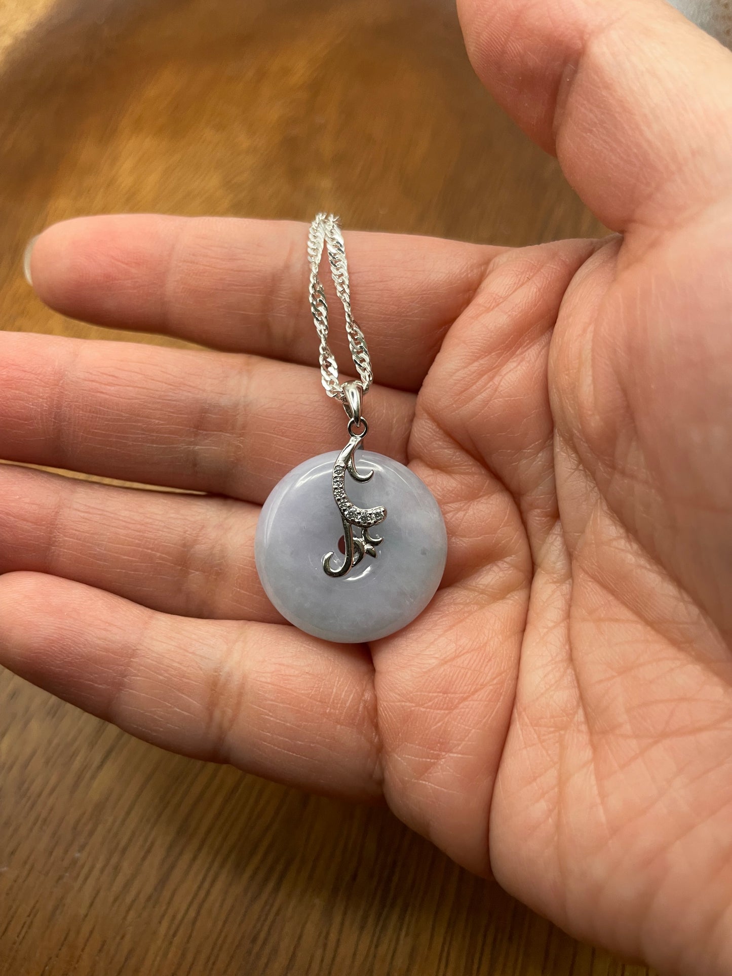 Natural Lavender Jadeite Pi Disc Sterling  Silver Necklace