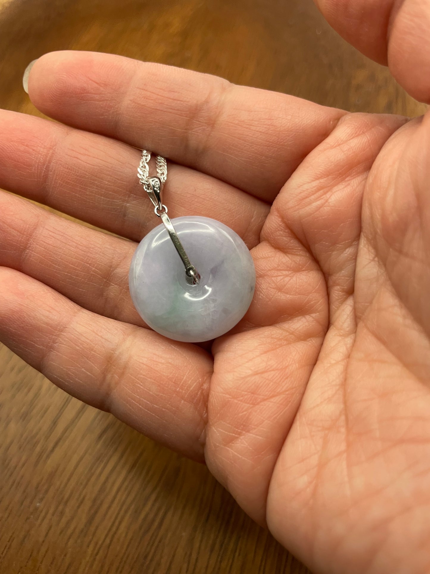 Natural Lavender Jadeite Pi Disc Sterling  Silver Necklace