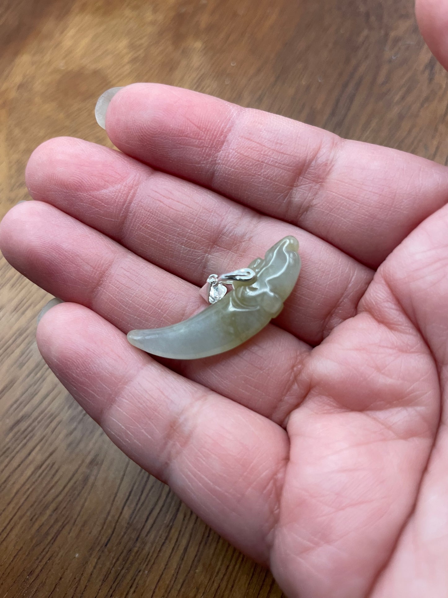 Nature Burma Jadeite Hand curved Yellow Dragon Teeth Sterling Silver necklace