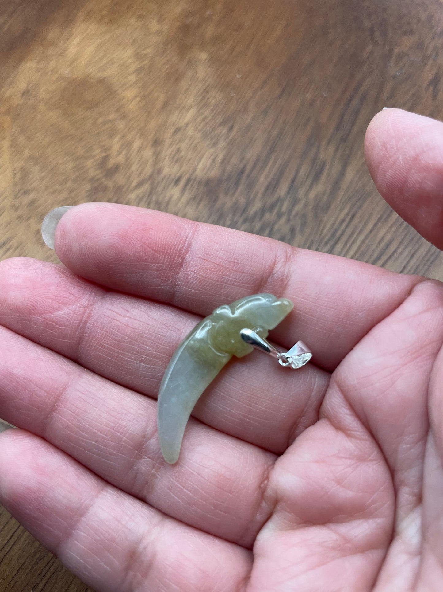 Nature Burma Jadeite Hand curved Yellow Dragon Teeth Sterling Silver necklace