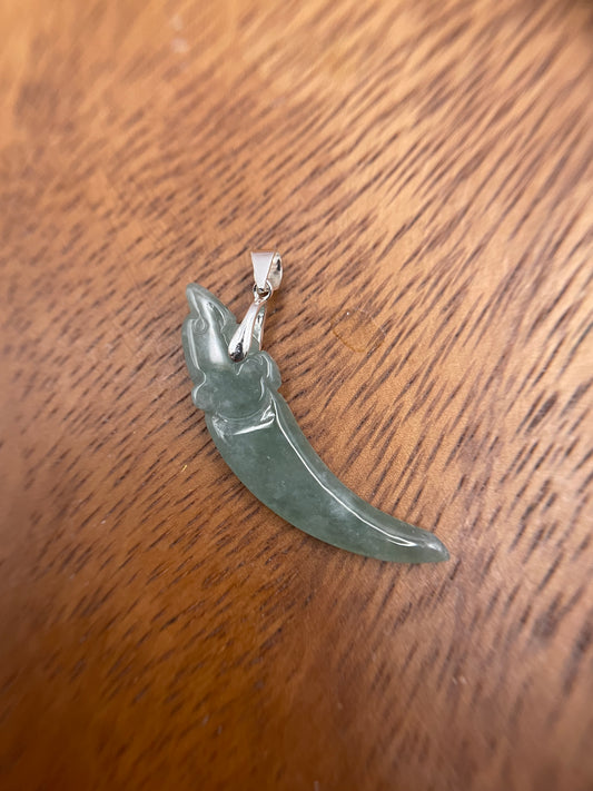 Nature Burma  Green Jadeite Hand curved Dragon Teeth Sterling Silver necklace