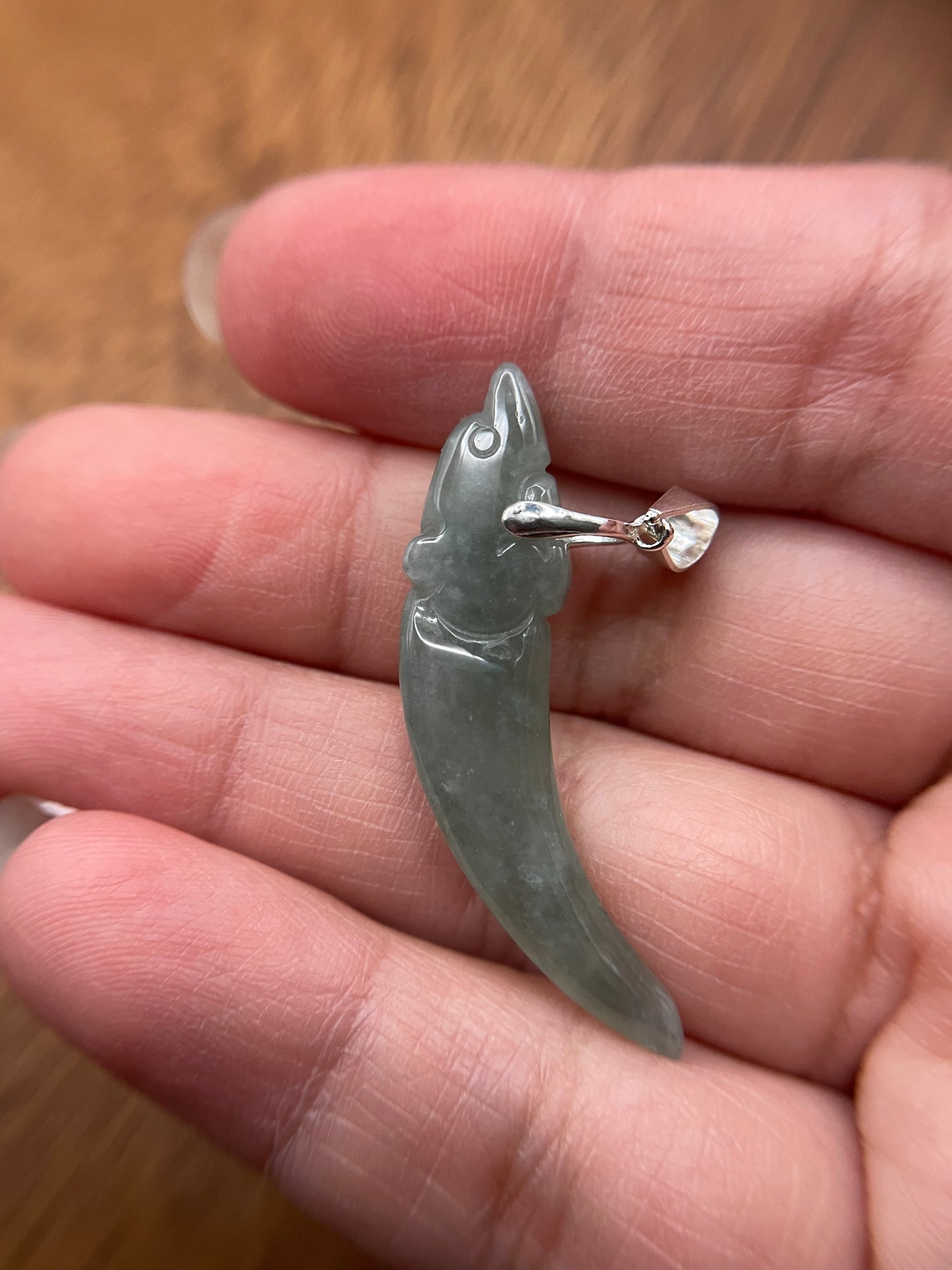 Nature Burma  Green Jadeite Hand curved Dragon Teeth Sterling Silver necklace