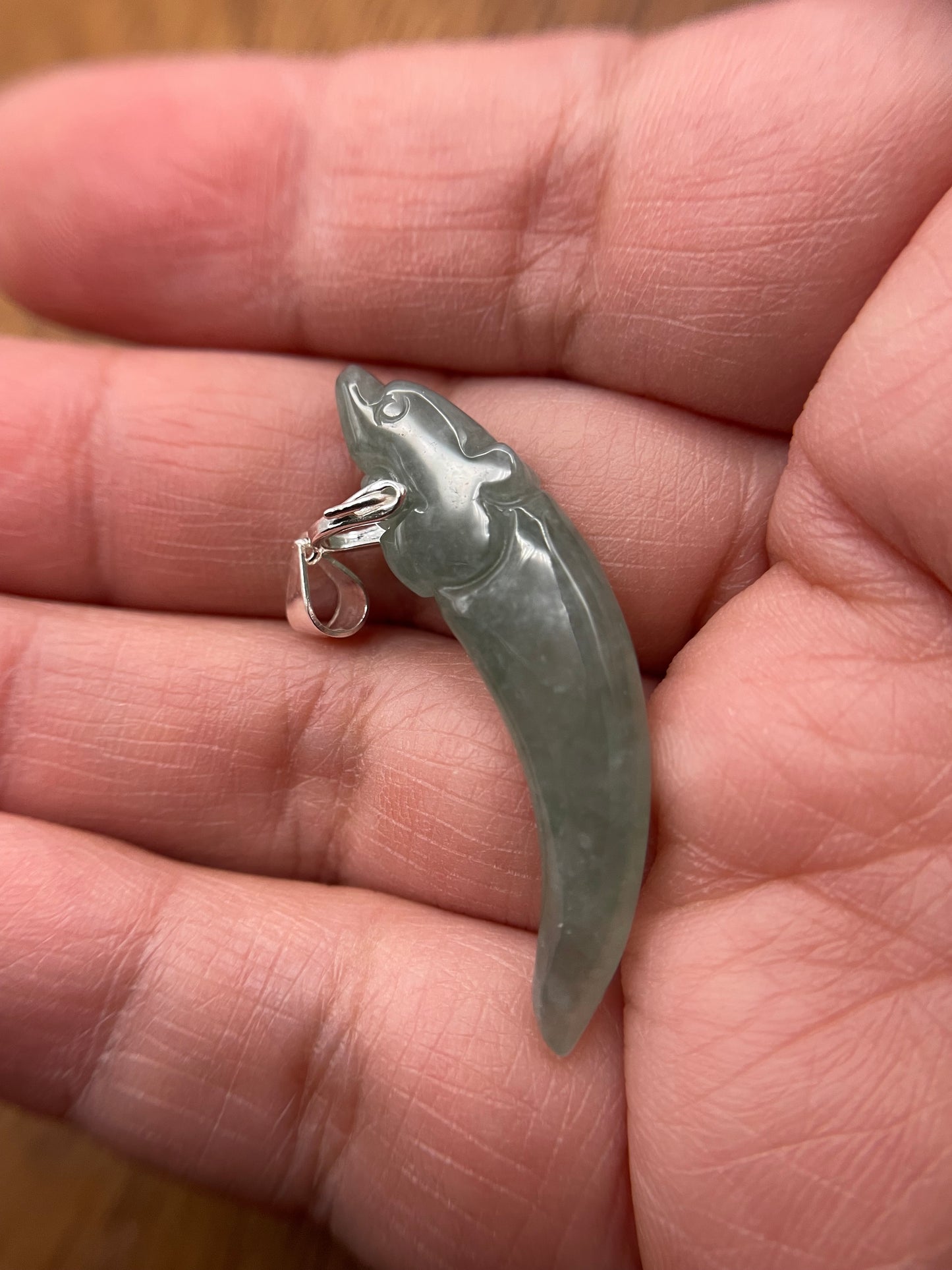Nature Burma  Green Jadeite Hand curved Dragon Teeth Sterling Silver necklace