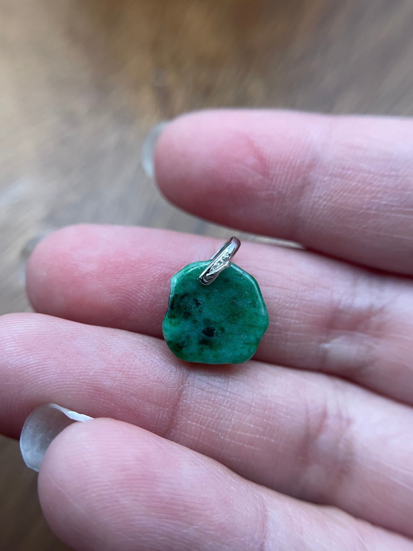 Grade A Natural  Green Burma Jadeite hand craft letter Fok (blessing) Silver necklace