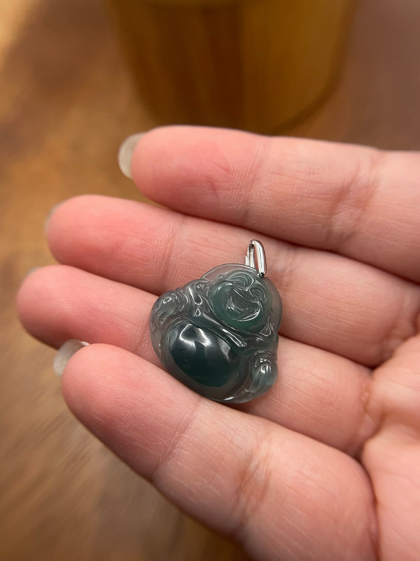 Icy Blue jadeite Buddha  Sterling silver Necklace