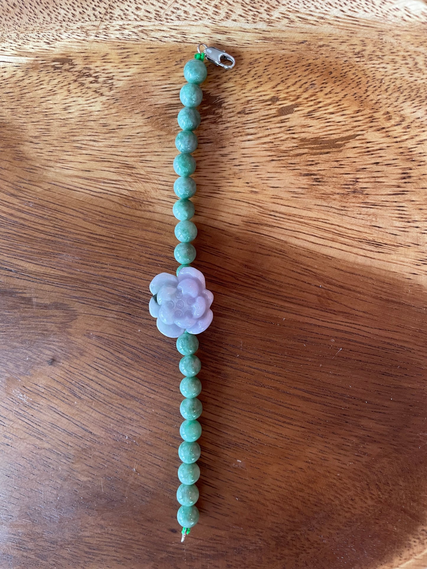 Grade A Natural Green Burma Jadeite beads with lavender water lily 7 inches bracelet