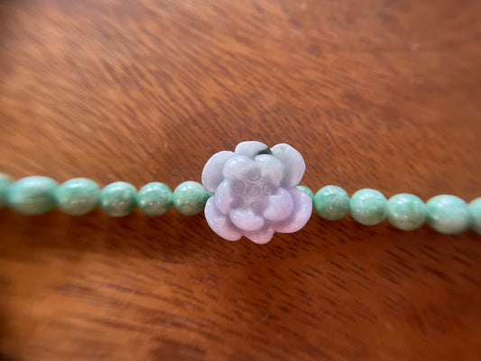 Grade A Natural Green Burma Jadeite beads with lavender water lily 7 inches bracelet